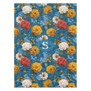 Rustic Vintage Colourful Floral Pattern in Blue Tablecloth