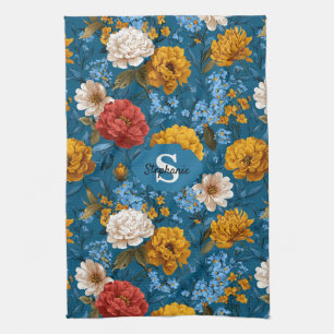 Rustic Vintage Colourful Floral Pattern in Blue Tea Towel