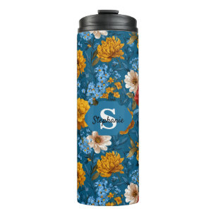 Rustic Vintage Colourful Floral Pattern in Blue Thermal Tumbler