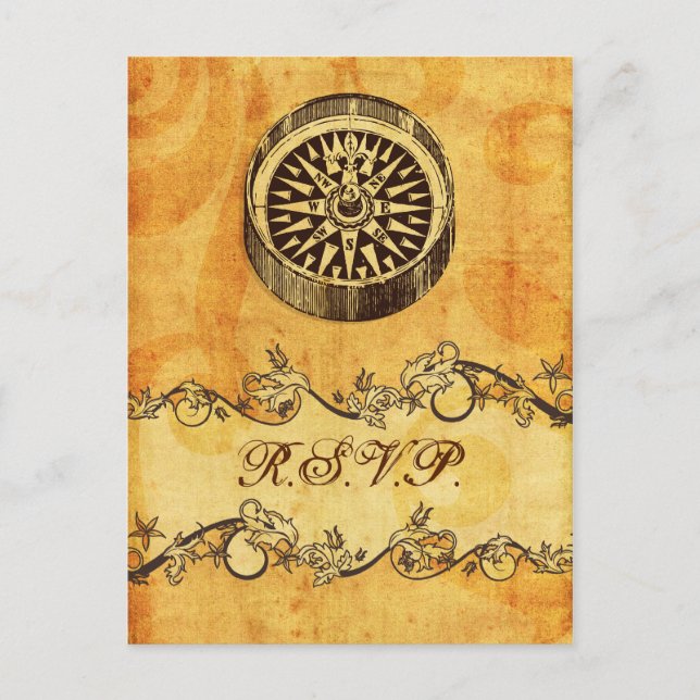 rustic, vintage ,compass nautical wedding rsvp invitation postcard (Front)