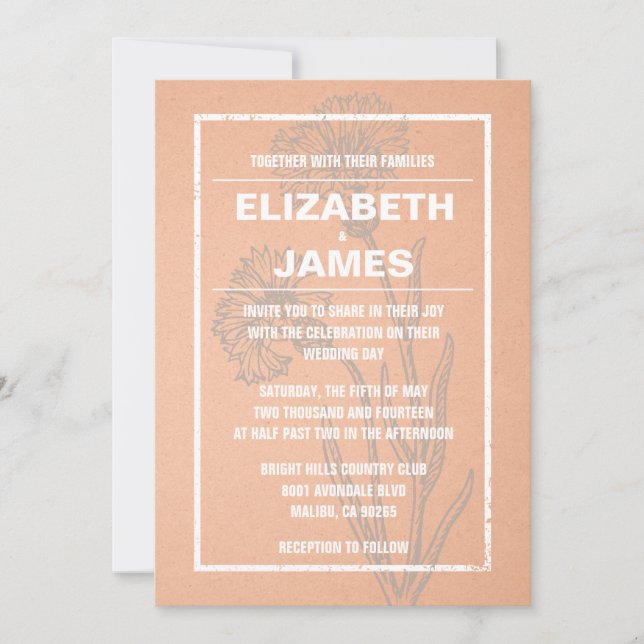 Rustic Vintage Coral Wedding Invitations (Front)