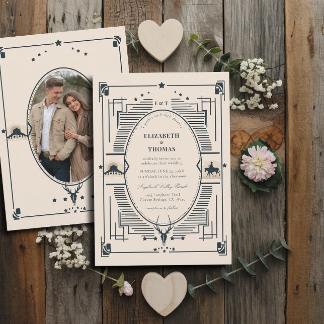 Rustic Vintage Cowboy Country Wedding Photo Invitation (country wedding invitation rustic vintage cowboy frame elegant western theme blue beige photo)