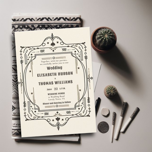 Rustic Vintage Cowboy Wedding Country Frame Invitation (rustic vintage cowboy wedding invitation country western elegant frame typography hand drawn)