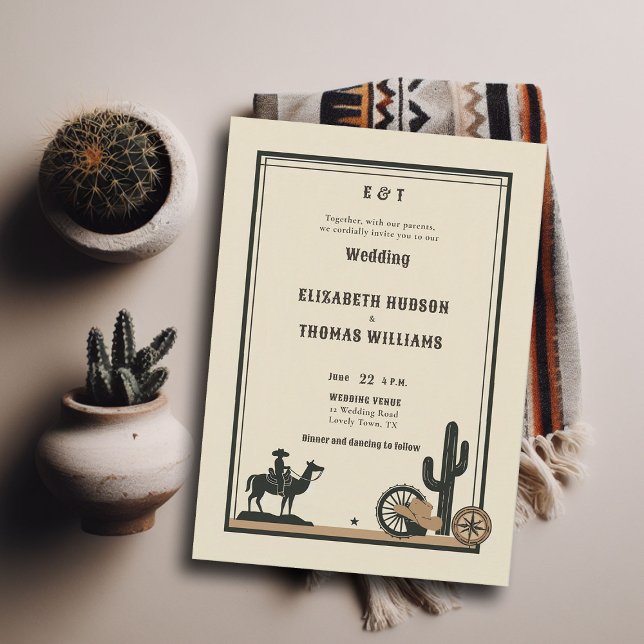 Rustic Vintage Cowboy Wedding Elegant Country Invitation (rustic vintage cowboy wedding invitation country western elegant frame horse hat cactus illustration)