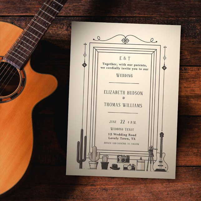 Rustic Vintage Cowboy Wedding Guitar Musician Invitation (rustic vintage cowboy wedding invitation cactus guitar musician frame barn backyard outdoor elegant)