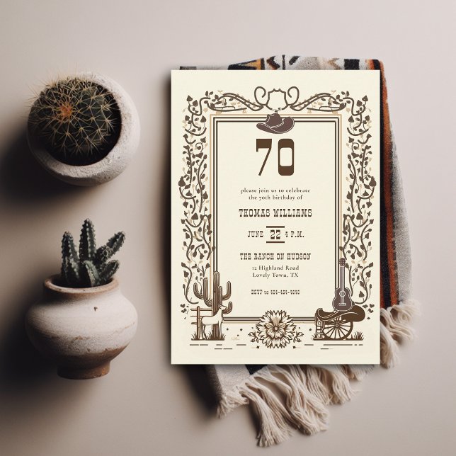 Rustic Vintage Cowboy Western Frame 70th Birthday  Invitation (birthday invitation for men country western barn backyard rustic elegant botanical cactus horse hat)