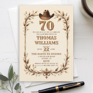 Rustic Vintage Cowboy Western Leaf 70th Birthday  Invitation