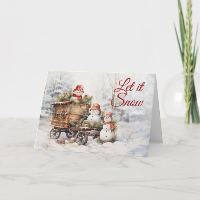 Rustic Vintage Cute Snowmen Woodland Winter  Holiday Card (Front)