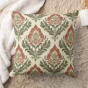 Rustic Vintage Damask Red Green Beige Cushion