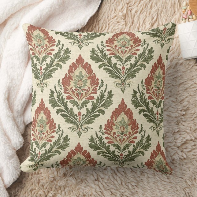 Rustic Vintage Damask Red Green Beige Cushion (Blanket)