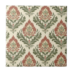 Rustic Vintage Damask Red Green Beige Tile