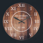 Rustic vintage dark wood family name farmhouse large clock<br><div class="desc">Rustic vintage,  dark barn wood wall clock with large Roman numbers.
You can personalise and add your own name and year established.</div>
