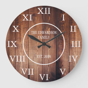 Rustic vintage dark wood family name farmhouse large clock