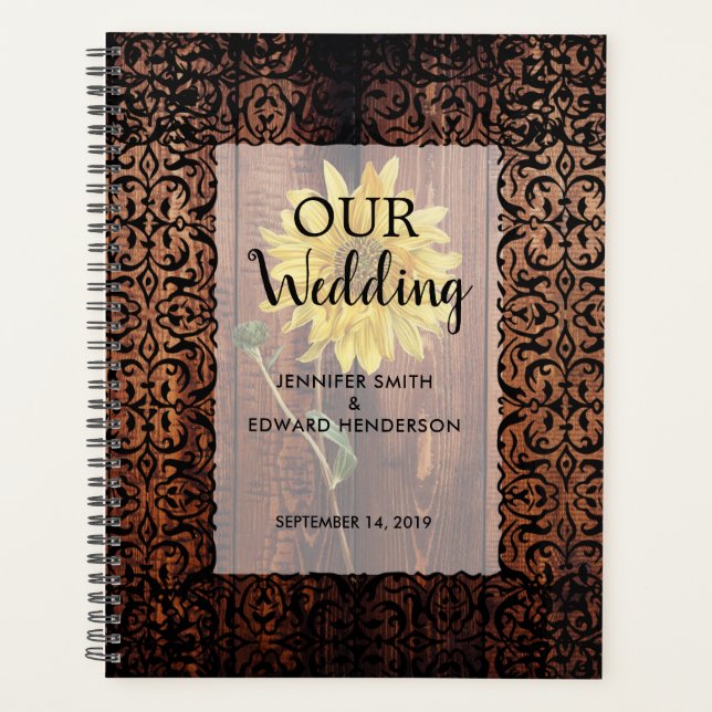 Rustic vintage dark wood sunflower wedding planner (Front)