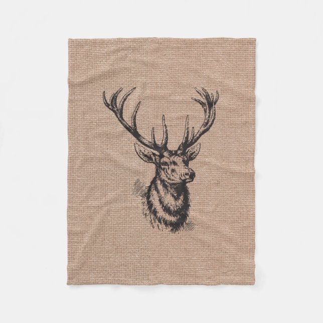 Rustic Vintage Deer Antlers Fleece Blanket (Front)