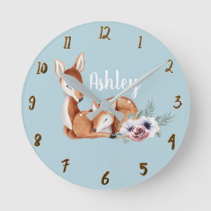 Rustic Vintage Deer Forest Floral Nursery Wall Art Round Clock