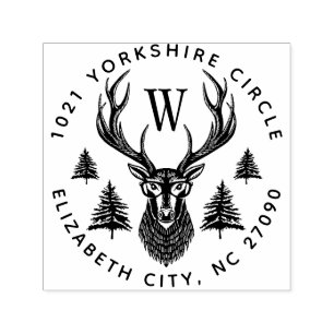 Rustic Vintage Deer & Pine Family Monogram Address Self-inking Stamp