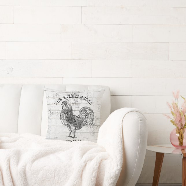 Rustic Vintage Distressed Family Name Farm Rooster Cushion (Couch)