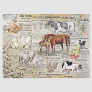 Rustic Vintage Domestic Animals Ephemera Beige Tissue Paper