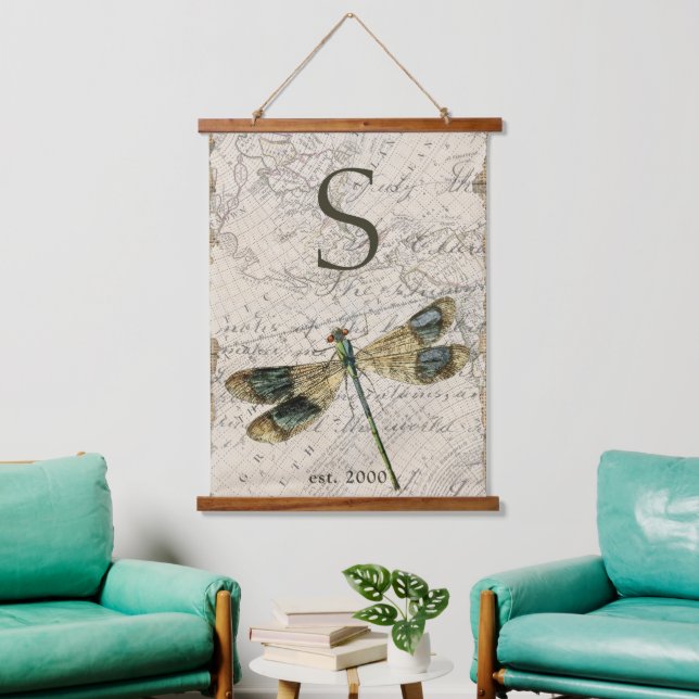 Rustic Vintage Dragonfly Monogram Hanging Tapestry (Living Room)
