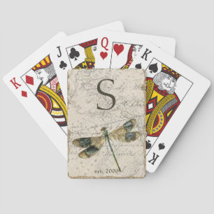 Rustic Vintage Dragonfly Monogram Playing Cards
