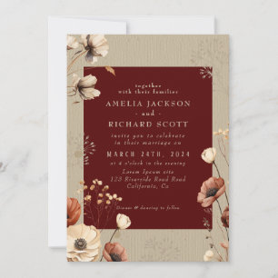 Rustic Vintage Dry wildflowers Burgundy Wedding  Invitation