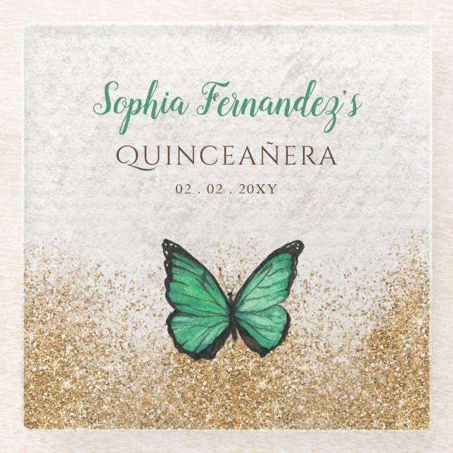 Rustic Vintage Emerald Green Gold Butterfly Glass Coaster (Front)