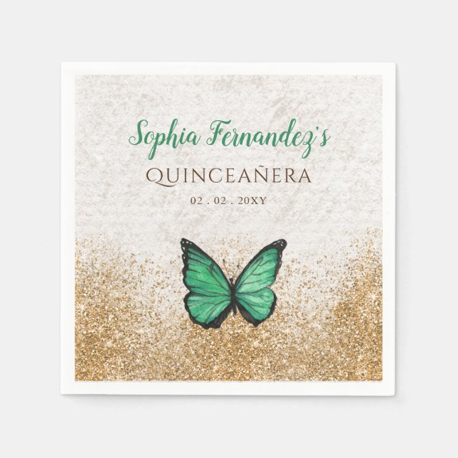 Rustic Vintage Emerald Green Gold Butterfly Napkin (Front)