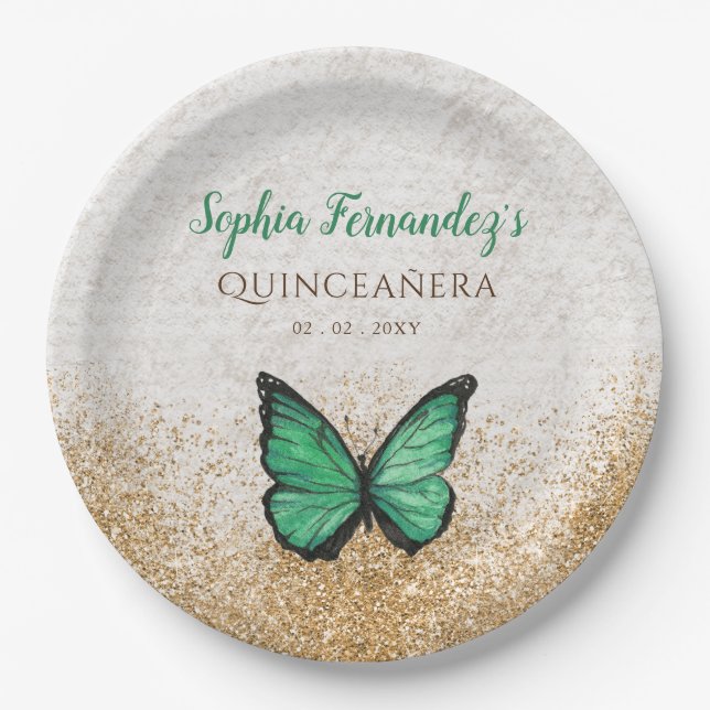 Rustic Vintage Emerald Green Gold Butterfly  Paper Plate (Front)