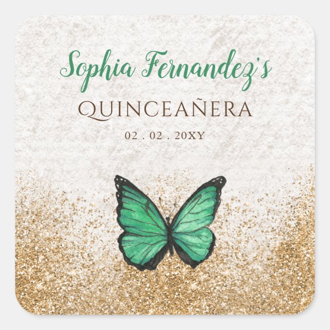 Rustic Vintage Emerald Green Gold Butterfly  Square Sticker (Front)