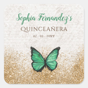 Rustic Vintage Emerald Green Gold Butterfly  Square Sticker