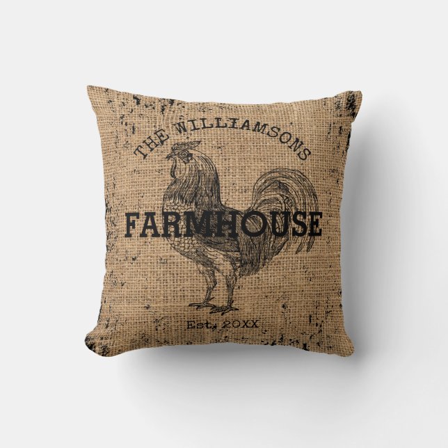 Rustic Vintage Family Name Farmhouse Rooster Cushion (Front)