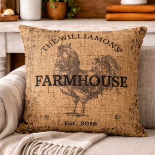 Rustic Vintage Family Name Farmhouse Rooster Cushion