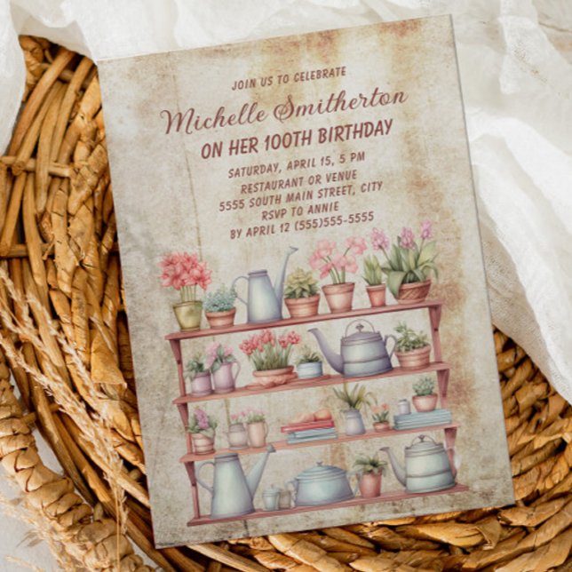 Rustic Vintage Farmhouse Kitchen 100th Birthday Invitation (Farmhouse kitchen plants and teapots birthday party invitation)