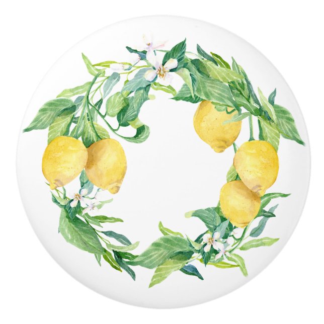 Rustic Vintage Farmhouse Lemon Floral Greenery Art Ceramic Knob (Front)