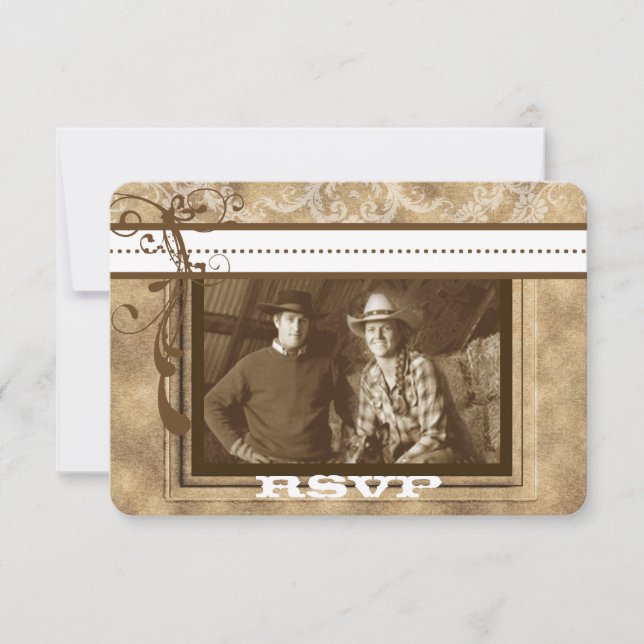 Rustic Vintage Farmhouse Western Wedding PHOTO RSVP Card (Front)