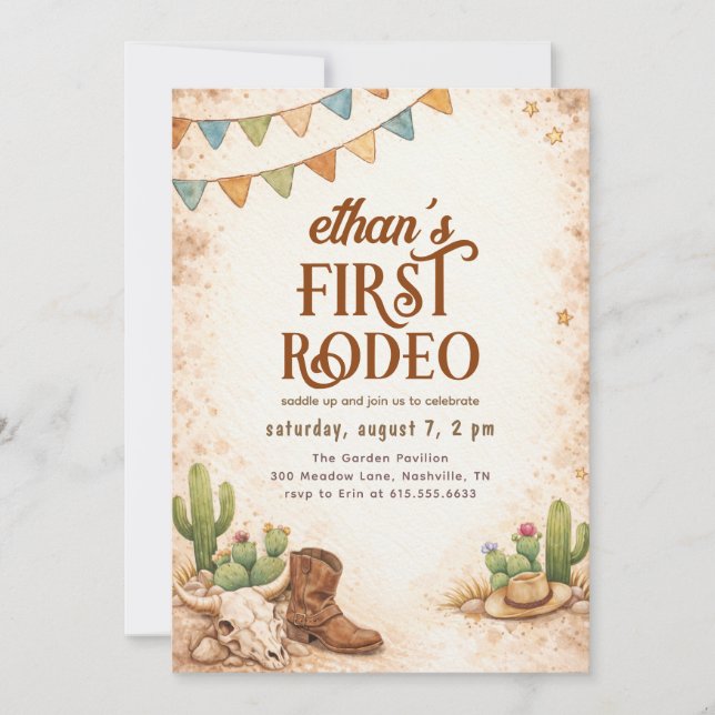 Rustic Vintage First Rodeo Cowboy 1st Birthday Invitation (Front)