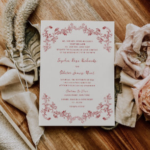 Rustic Vintage Floral Crimson Red Wedding Invitation