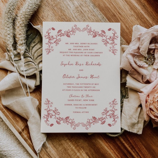 Rustic Vintage Floral Crimson Red Wedding Invitation (Creator Uploaded)