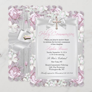 Rustic Vintage Floral First Communion Pink Invitation