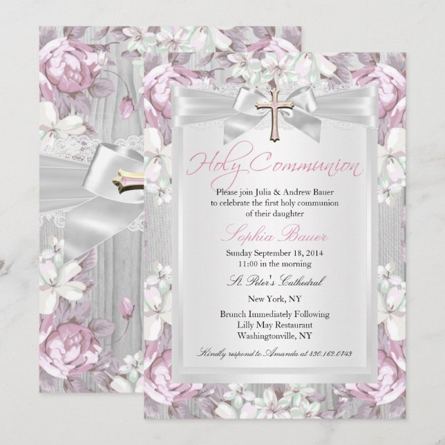 Rustic Vintage Floral First Communion Pink Invitation (Front/Back)