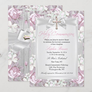 Rustic Vintage Floral First Communion Pink Invitation