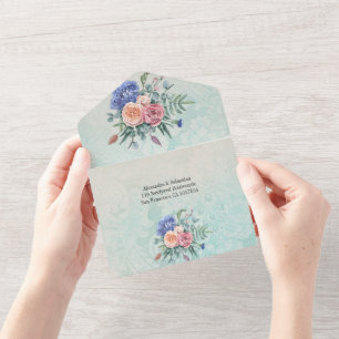 Rustic Vintage Floral Green Damask Wedding All In One Invitation