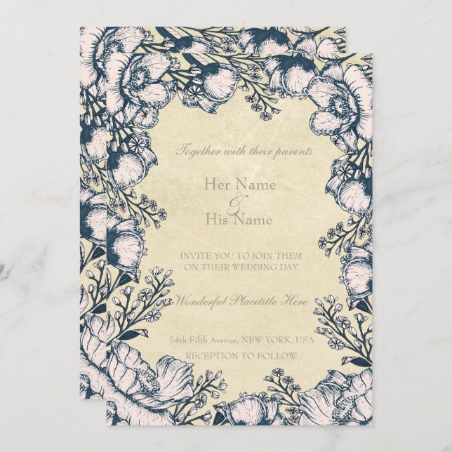 Rustic Vintage Flower Floral Wedding Invitation (Front/Back)