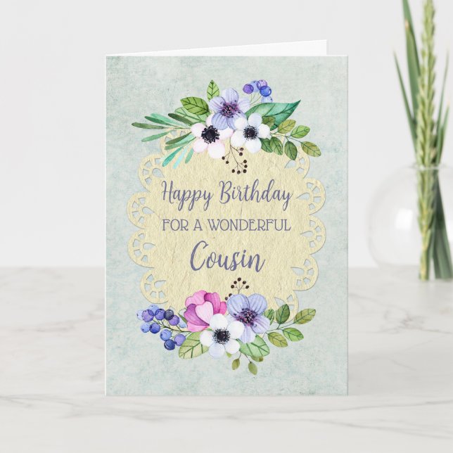 Rustic Vintage Flowers Cousin Birthday Card (Front)