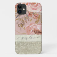 Rustic Vintage Flowers Earthy Pink Gold Grey Swirl