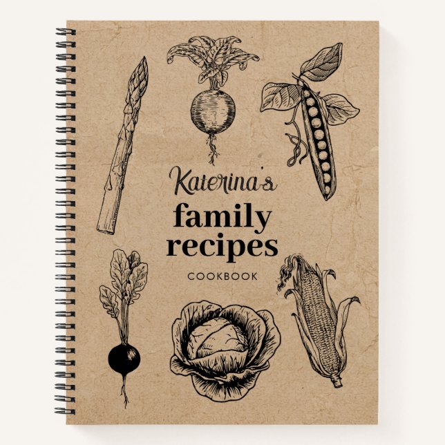Rustic Vintage Food Illustration Doodles Recipe Notebook (Front)