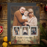 Rustic Vintage Four-Photo Merry Christmas Greeting<br><div class="desc">Rustic and nostalgic vintage-inspired holiday greeting card featuring large photo template with three small insert photos on antique snapshot frames on a distressed background featuring holly and evergreens in warm sepia tones.</div>