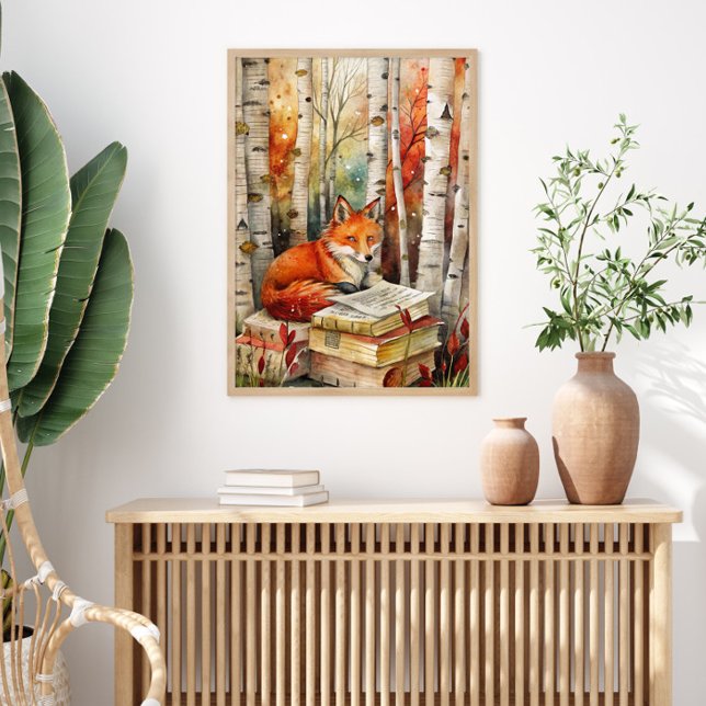 Rustic Vintage Fox Books Woodland Fall Autumn Poster (Fox and books woodland poster)