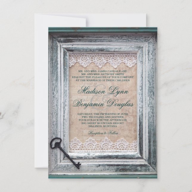 Rustic Vintage Frame Lace Key Aqua Wedding Invites (Front)